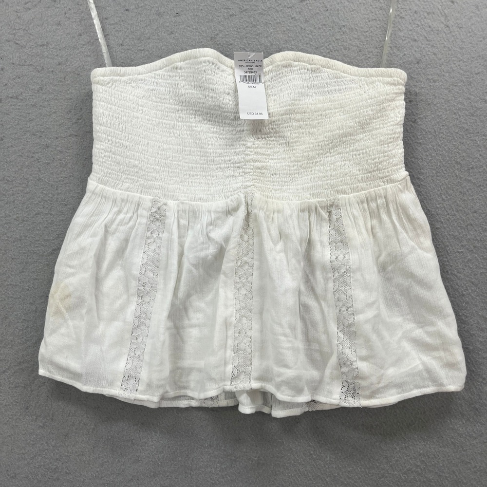 American Eagle Tube Top Womens Medium White Smocked Lace‎ Peplum Boho NEW